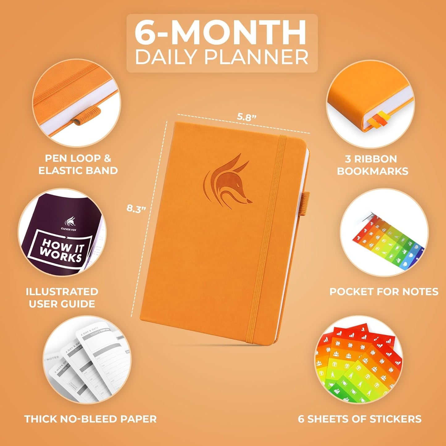 Clever Fox Daily Planner – Undated Planning Notebook with Hourly Schedule & To-Do List – Personal Day Task & Work Organizer, 6 Months (Orange)