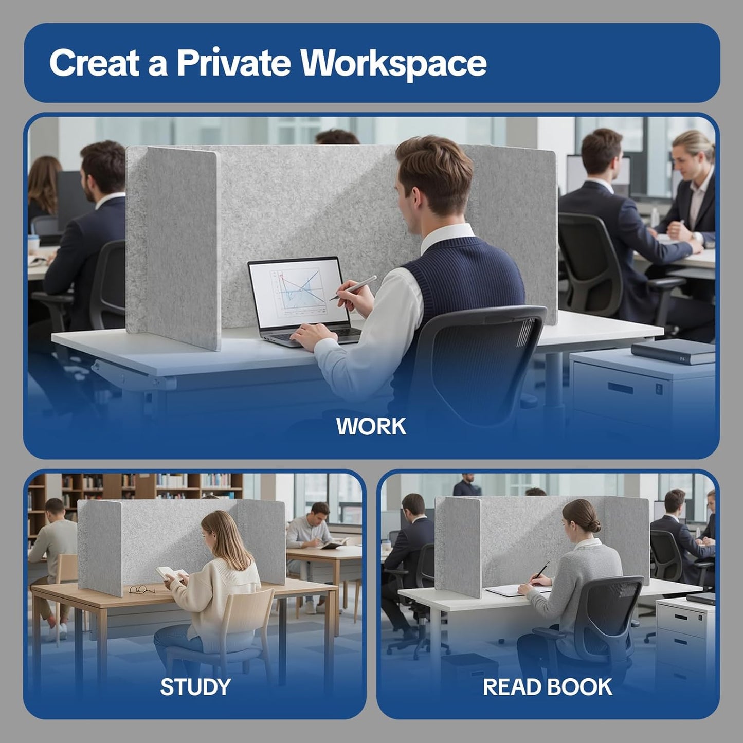 Desk Divider Privacy Screen 3 Panel Sound Absorbing - 47.2”x 23.6”x 19.7” Freestanding Acoustic Partitions for Office, Noise Reducing Panels for School, Home, Library,Sliver Grey