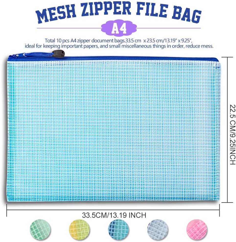 LEOBRO Mesh Zipper Pouches Bags, 10PCS Zipper Pouch, A4 Mesh Bags with Zipper, Zipper Pouches for Organization, Storage Bags for School Office Travel Supplies, File Jackets & File Pockets