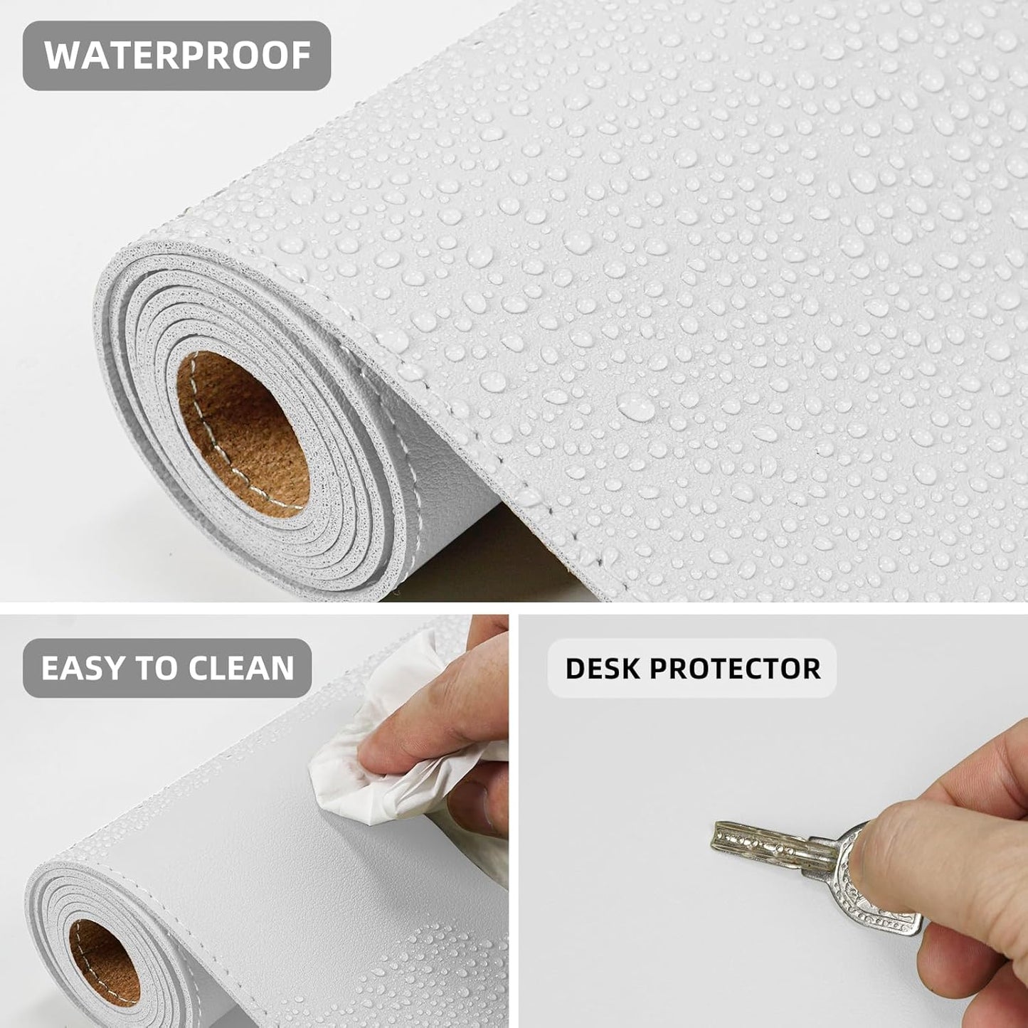 Leather Desk Protector, 47in*23.7in Large Mat with Natural Cork & PU Leather, Mouse Pad, Non-Slip Office Mat, Waterproof Writing Pad for Office and Home (Ivory White)