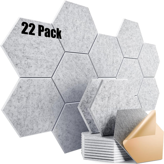 22 Pack Self-adhesive Acoustic Panels 12" X 10" X 0.4" - Sound Proof Foam Panels with High Density, Hexagonal Design, Flame Resistant, Absorb Noise and Eliminate Echoes(SilverGray)