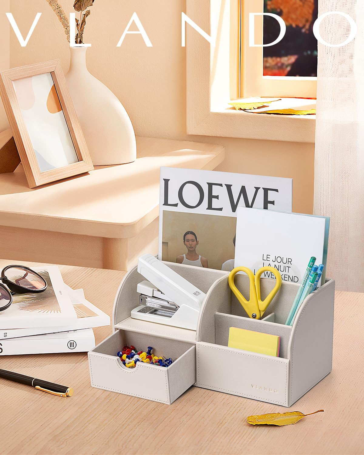 Vlando Office Supplies Desk Organizer Caddy, PU Leather Office Organization and Storage,Desktop Hanging File Letter Document Storage Holder with Drawer Beige