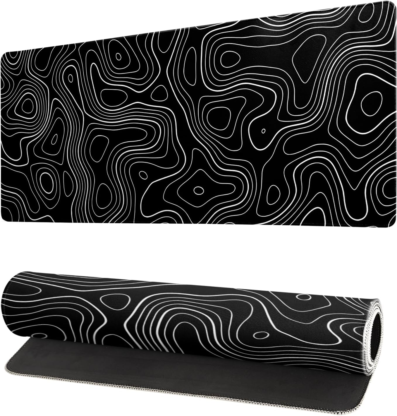 Topographic Contour Gaming Mouse Pad Black Large Mouse Pad for Keyboard and Mousepad Desk Mat with 3mm Non-Slip Base and Stitched Edge for Gaming and Office Computer Mat Protector Mat 27.6x11.8 Inch