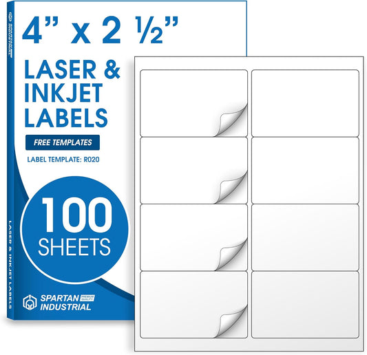 4" X 2 1/2" Printable Shipping Address Labels Compatible with Inkjet and Laser Printers - 100 Sheets, 800 Total Matte White Paper Stickers for Mailing Packages and Envelopes - Spartan Industrial