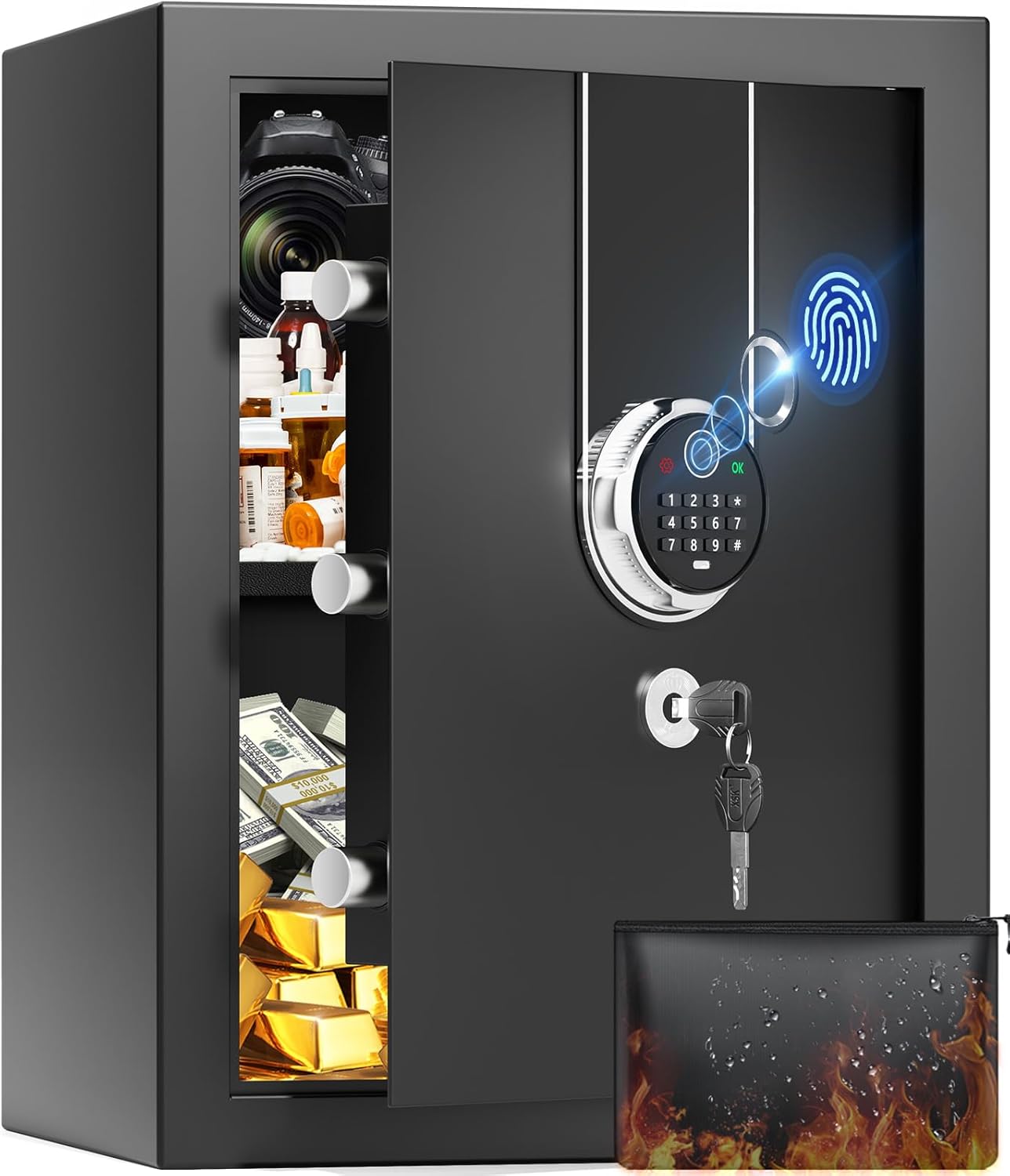 1.6 Cuft Biometric Safe Box, Fire Proof Safe For Home Documents with Fingerprint Lock, Combination Keypad Keys, Anti-Theft Dual Alert, Mute Mode, Digital Security Personal Safes for Money Jewelry