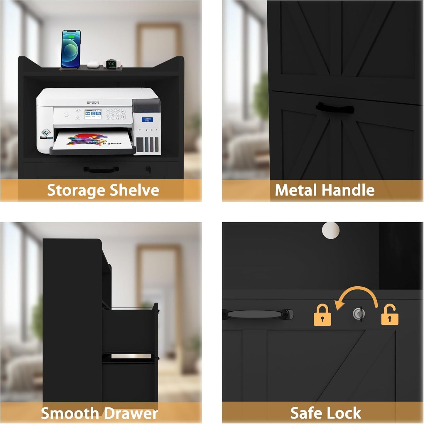 2 Drawer Lateral File Cabinet with Charging Station, Wood Filing Cabinet with Lock & LED Light, Large Storage Printer Stand for Home Office, Black