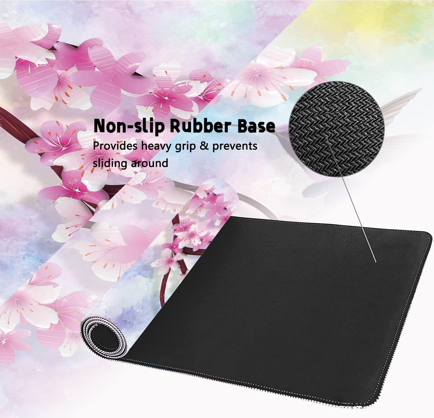 Extended Large Gaming Mouse Pad Spring Peach Blossoms and Hummingbirds XXL Size Keyboard Mouse Mat Desk Pad with Non Slip Rubber Base Stitched Edges Office Decor for Women Girls Men,35.4 x 15.7inch