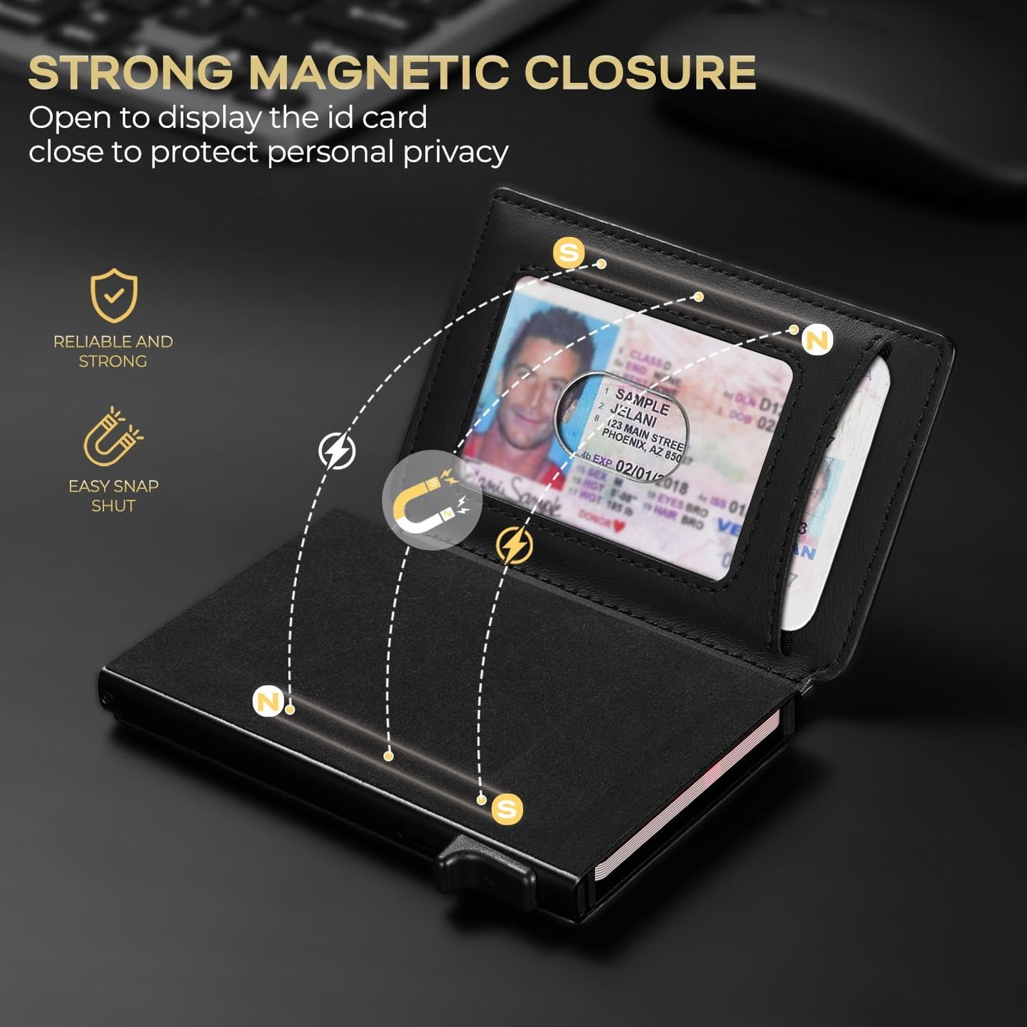 Slim Card Wallet for Men with ID Window – Minimalist RFID Wallet, Pop-Up Function, Ultra Thin Design, Metal Business Card Case Holds 8+ Cards, Gifts for Men, Men's Accessories