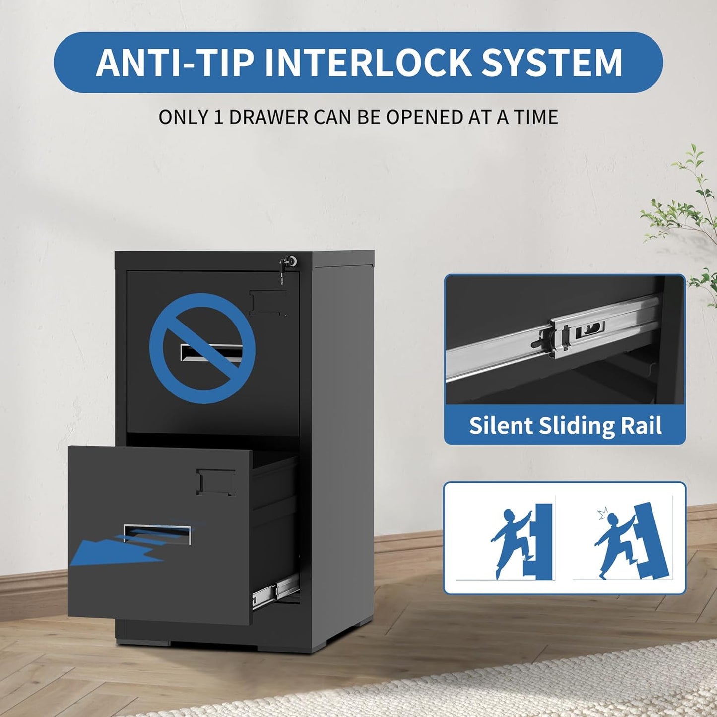 2 Drawer File Cabinet with Lock and Card Slot, Metal Vertical Filing Cabinets for Home Office, Steel Storage Cabinet for Hanging Legal/Letter Size Files, Assembly Required (Black)