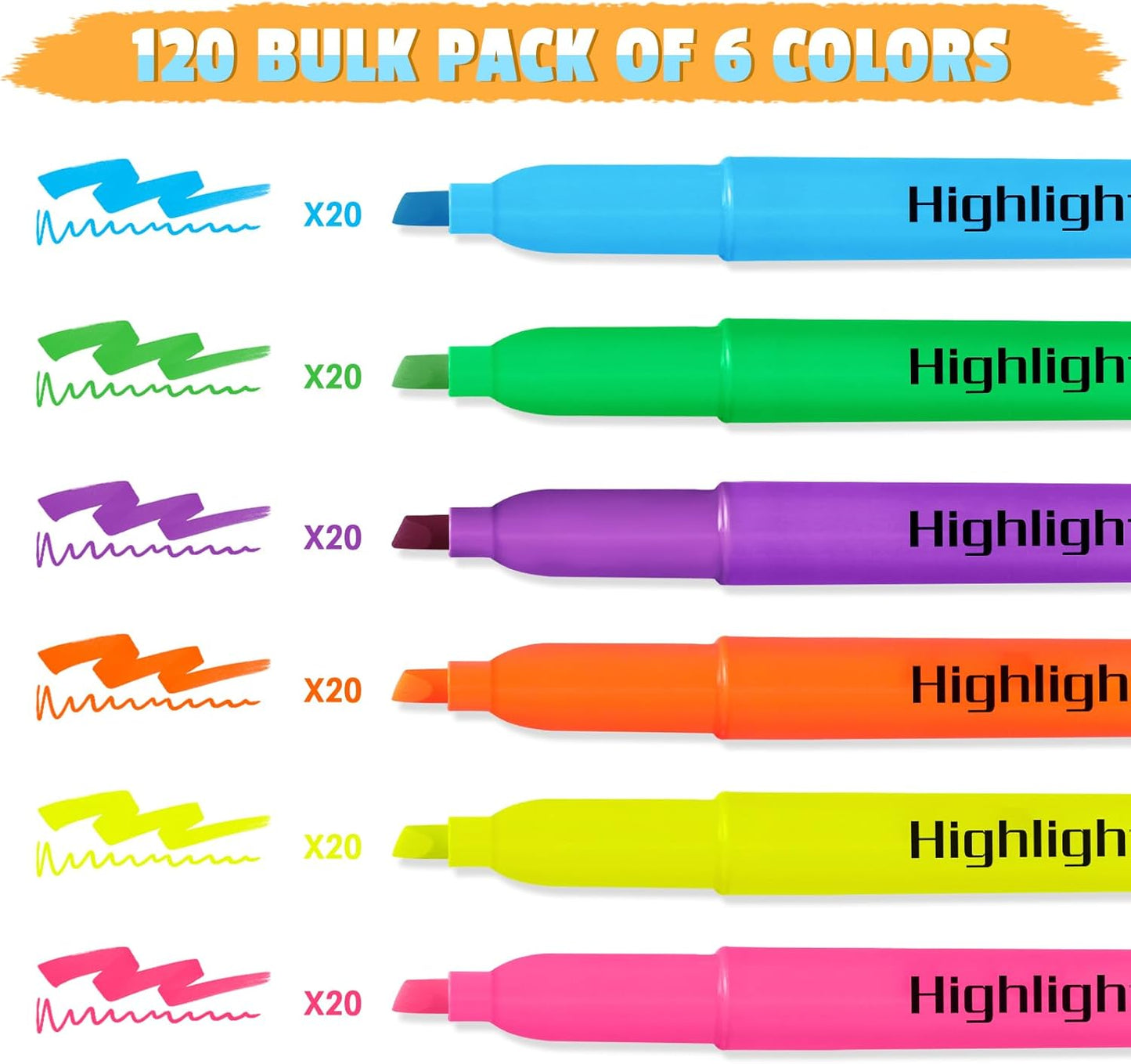 Aigybobo 120 Pack Highlighters in 6 Assorted Colors, Chisel Tip Dry-Quickly Highlighters Bulk, No Bleed Highlighter Markers for Kids Adults, Classroom Teachers Must Haves, School Office Supplies