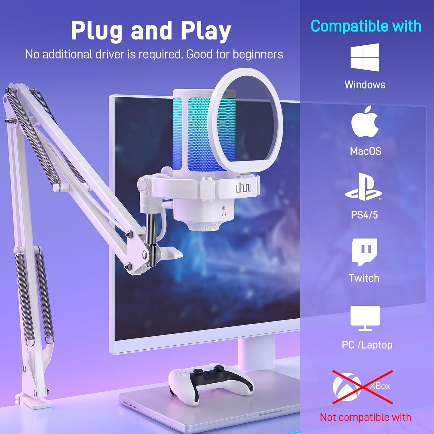 UHURU Gaming USB Microphone for PC: Streaming Computer Mic with Noise Cancellation - Condenser Mic with Controllable RGB for Gaming Streaming