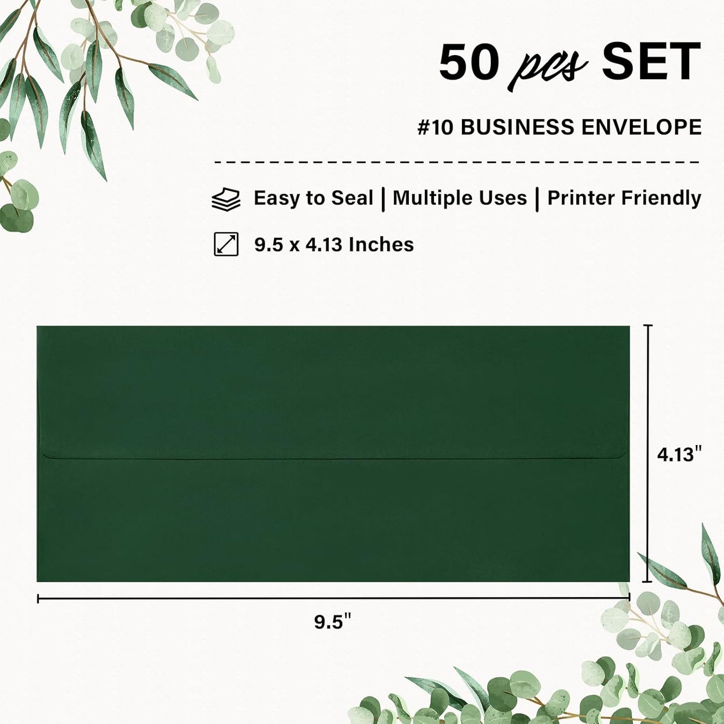 50 Pack #10 Business Envelopes, Self Seal Standard Christmas Dark Green Envelopes for Secure Business & Legal Mailing, Office, Checks, Letter, Invoices, 4 1/8 x 9 1/2 Inches