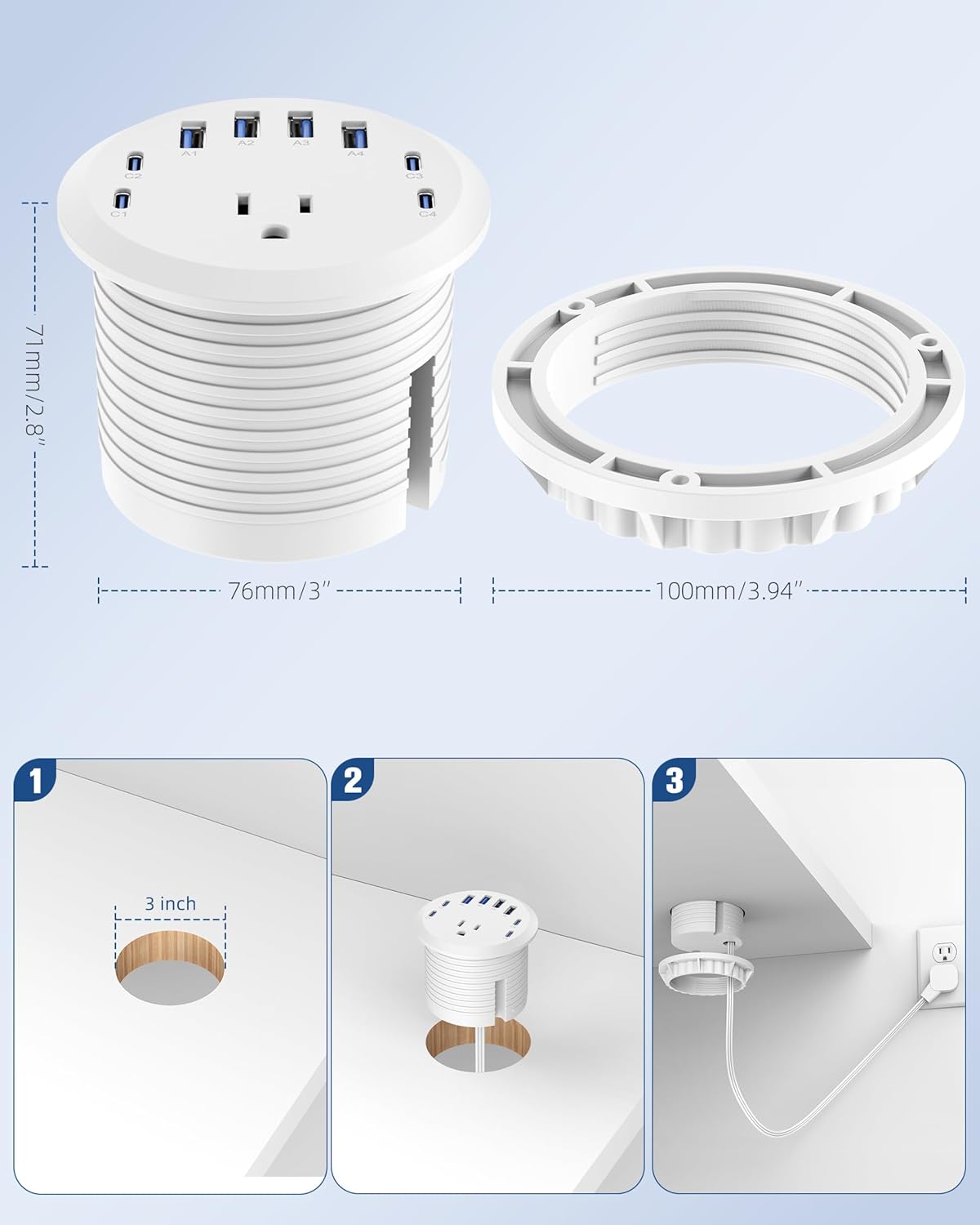 Jgstkcity 65W USB-C Hidden Desktop Power Grommet: 1 AC Outlet,8 USB Charging Ports,3'' Hole Flush Mount Pop-Up Power for Conference Tables & Nightstands (Whtie, 6 FT - 2PCS)