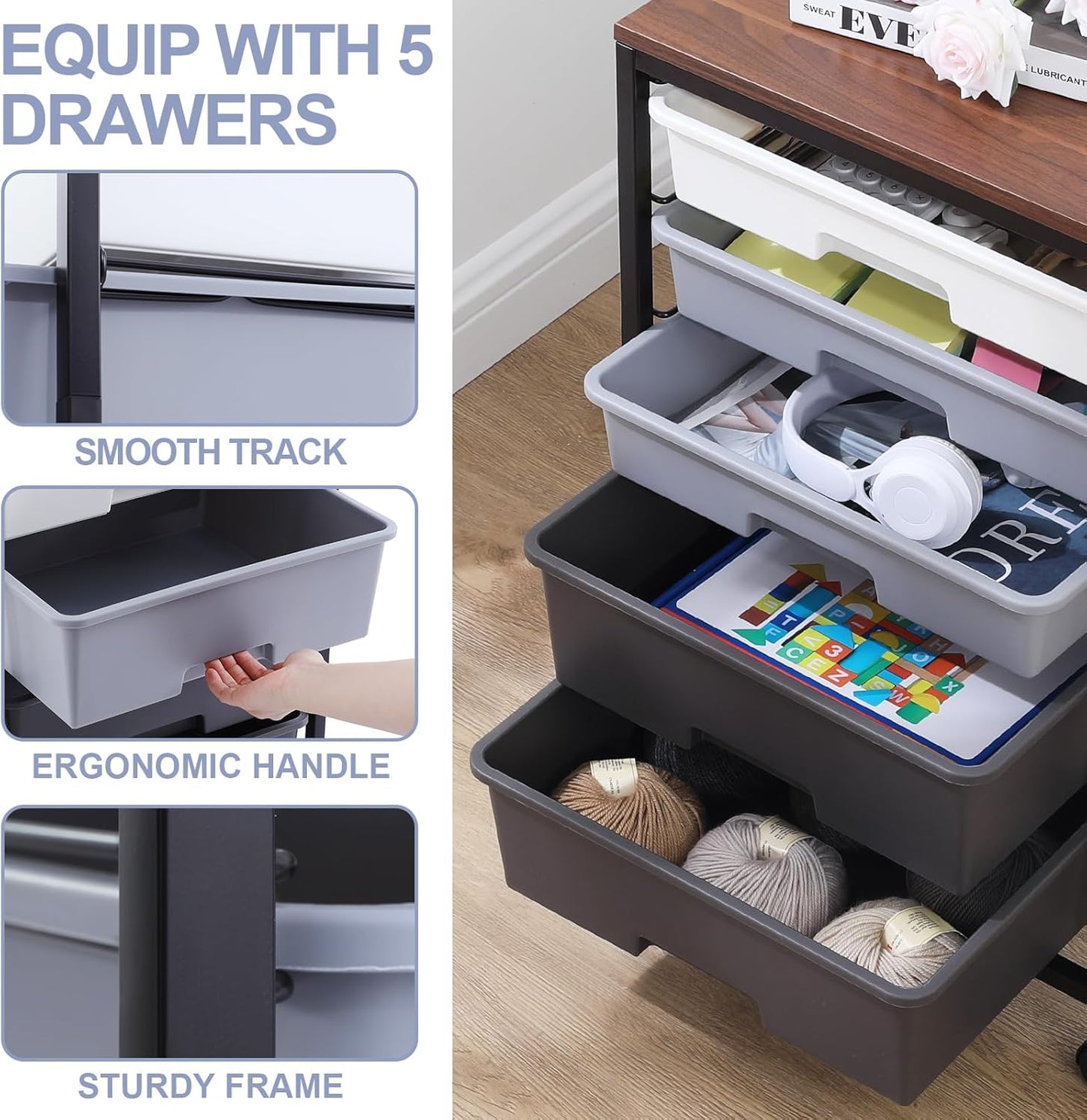 Utility Cart with 5 Drawers,Storage Drawer Cart with Wooden Tabletop and Lockable Wheels,Craft Storage Trolley Cart,5-Tier Rolling Utility Cart on Wheels,Dark Grey