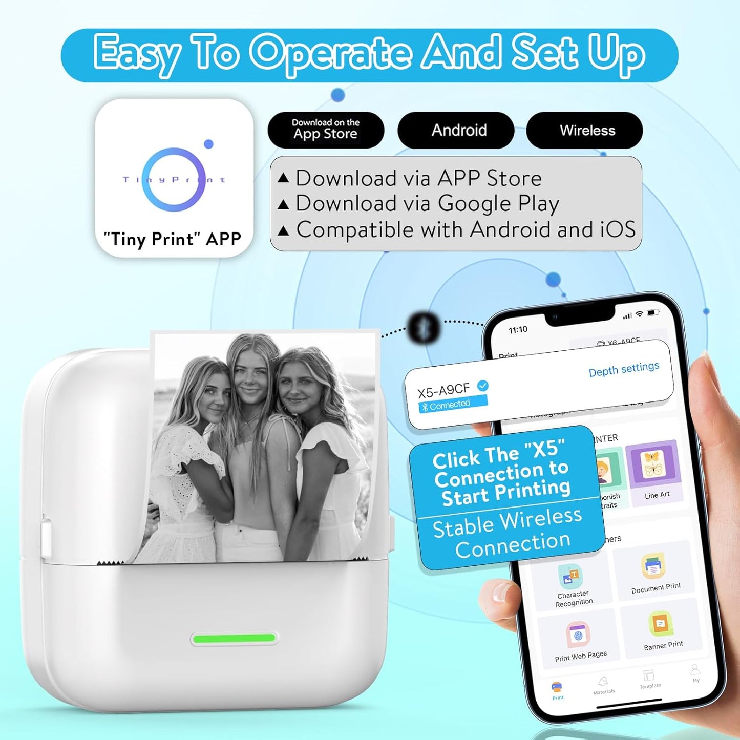 HuiJuKeJi Mini Sticker Printer Bluetooth Smart Pocket Inkless Thermal Printer with 11 Rolls Thermal Paper and Sticker for iOS&Android, Portable Receipt Printer for Photo Journal Notes Memo