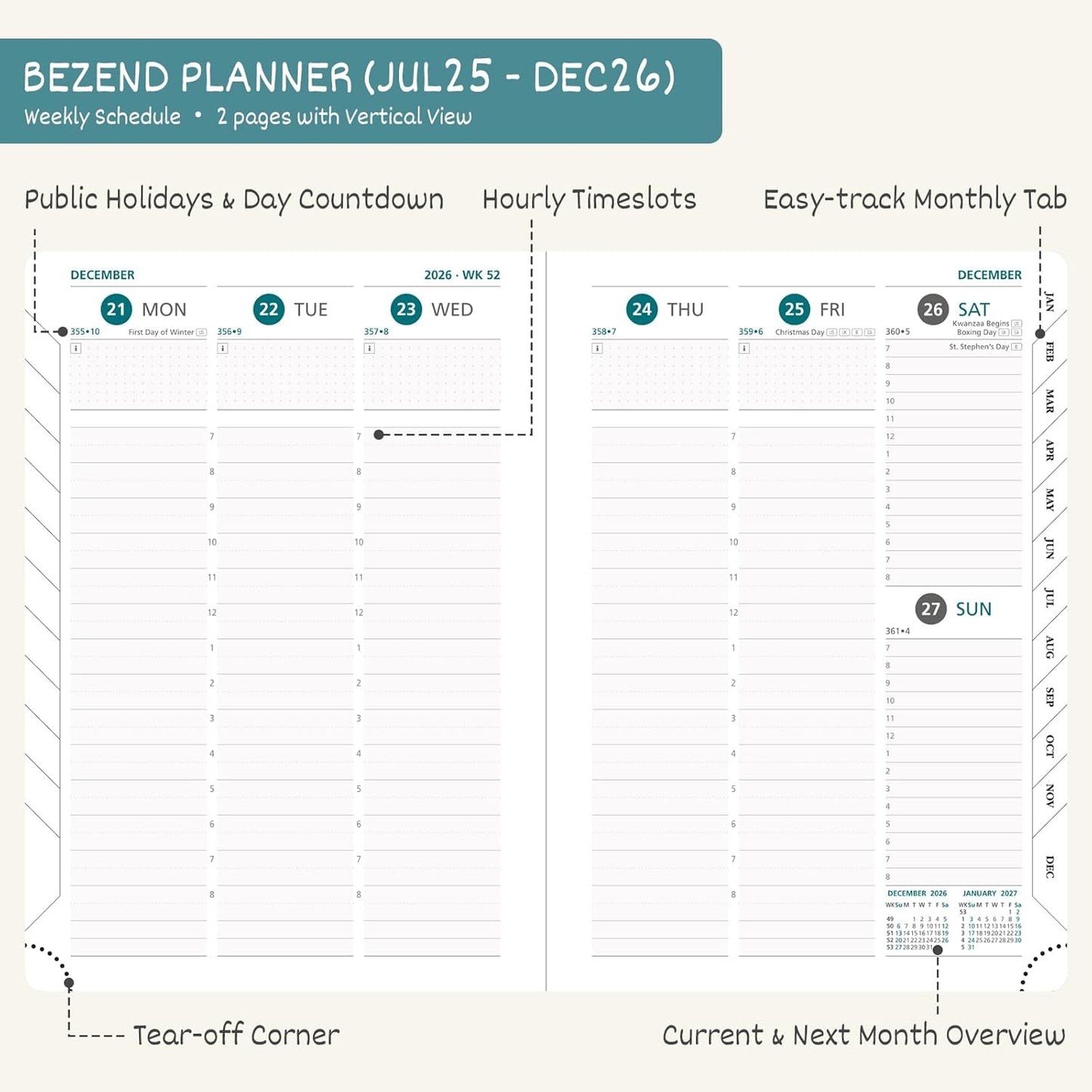 BEZEND Planner 2025-2026 Weekly and Monthly, 8.5" x 11" Academic Calendar (Jul 25-Dec 26) Vertical Daily Appointment with Hourly Timeslot & Monthly Tab, PU Leather Hardcover - Sky Blue
