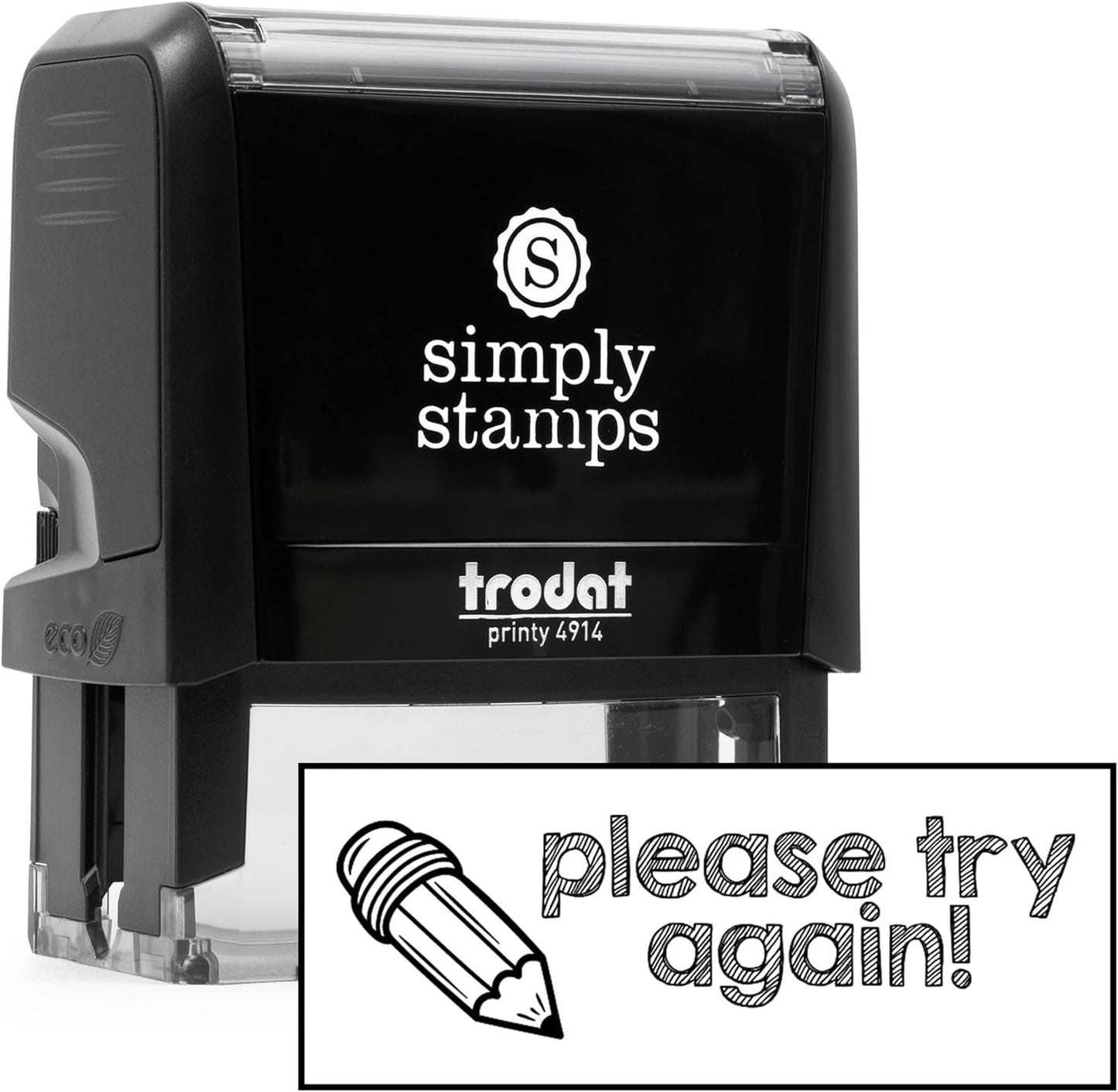 Custom Self-Inking Teacher Stamps | 49 Designs | Fun Phrases | Grading Made Easy | Classroom, Library and Book Stamps (Please Try Again!, Xtra Wide)