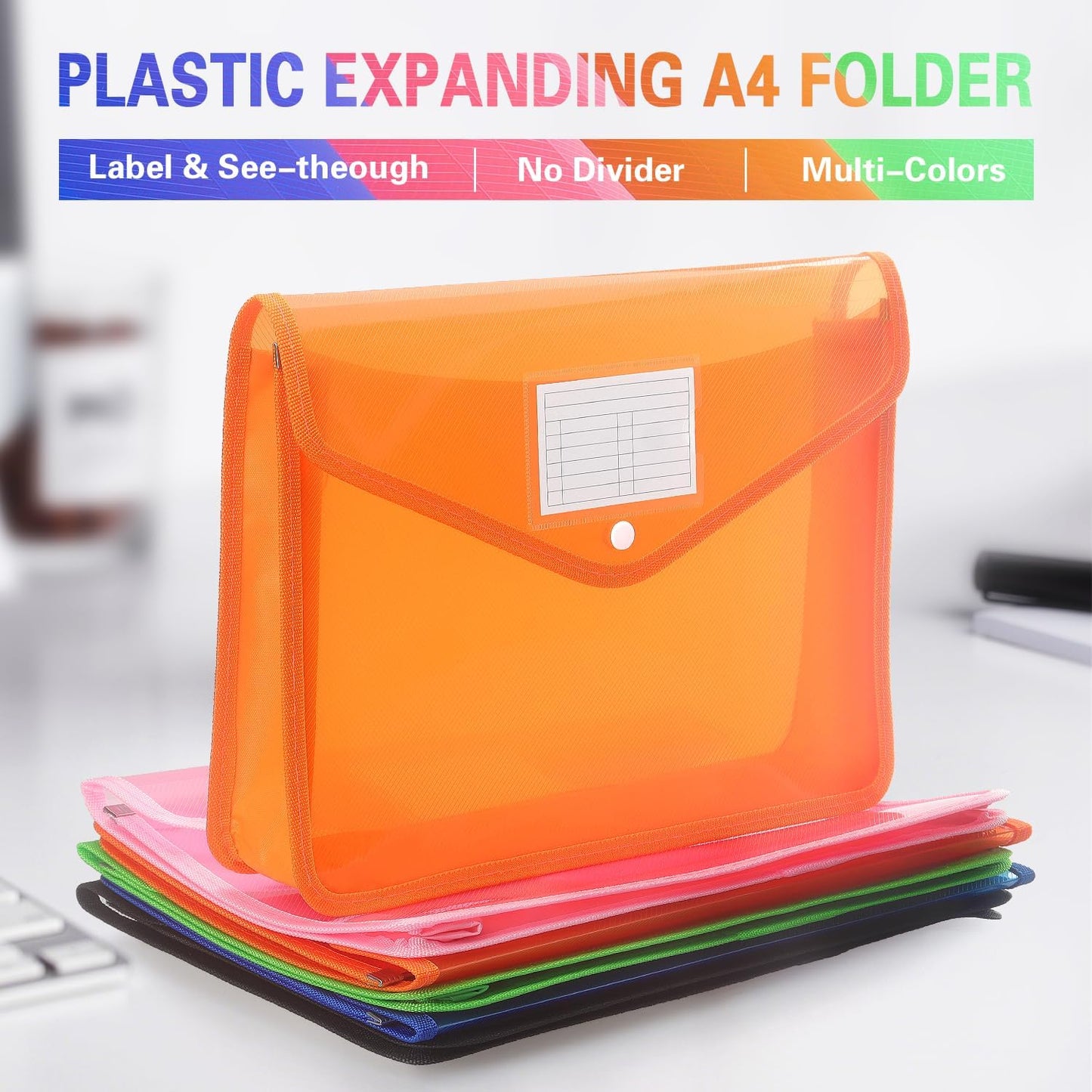 Plastic Expanding File Folder, Transparent envelopes with Snap Closure, No Dividers, Large Capacity, Fit Letter/A4 Size (Orange)