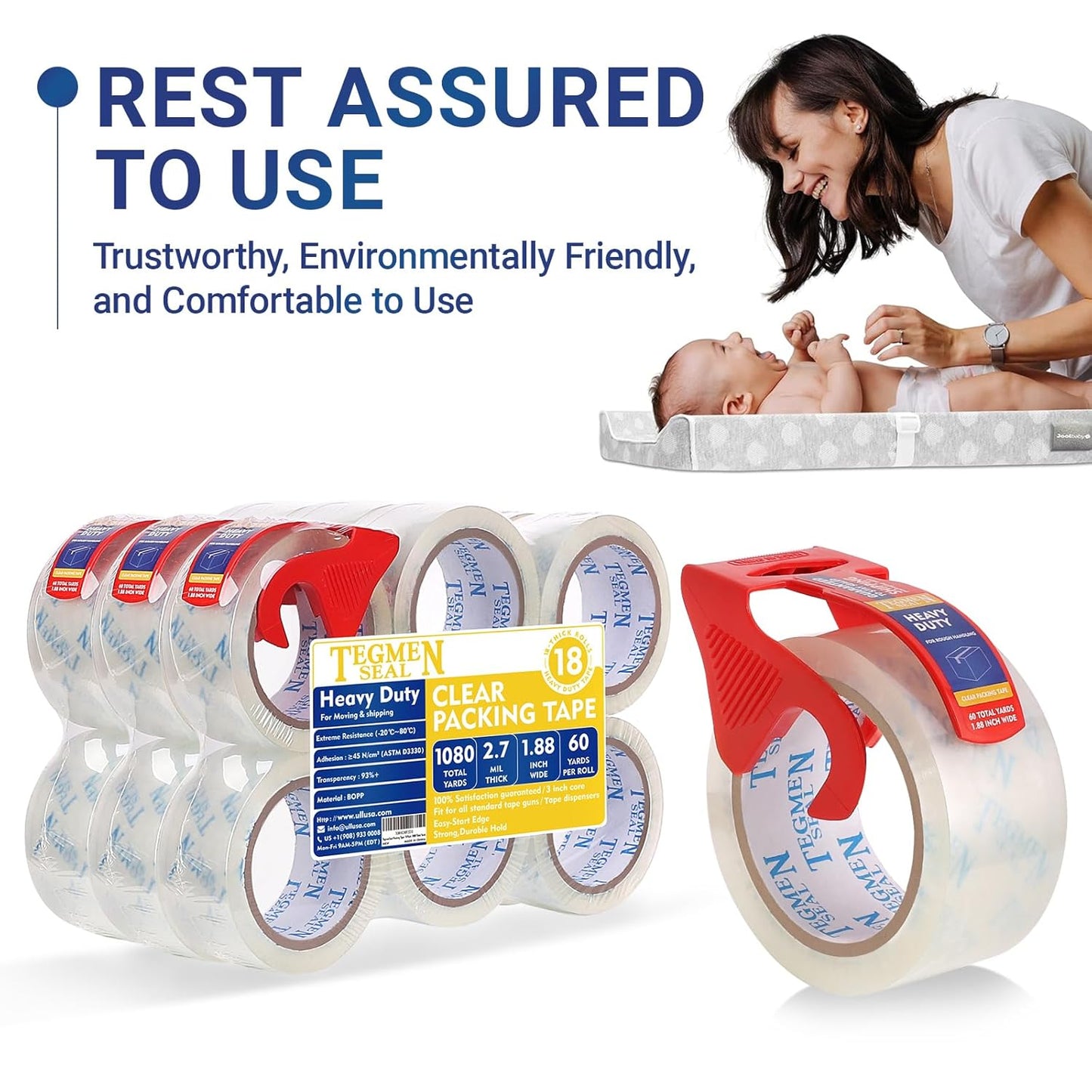 Heavy Duty Clear Packing Tape with Dispenser Combo for Shipping, Moving & Storage,Thicker Clear Packing Tape, 1.88 inches Wide, 60 Yards Per Roll, 18 Pack 1080 Total Yards