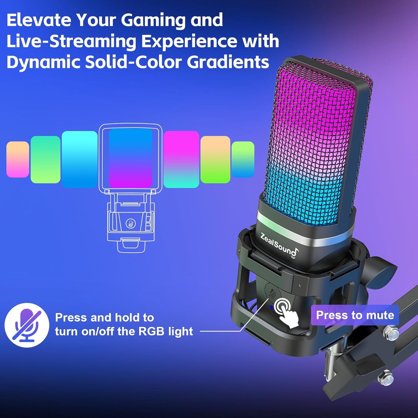 ZealSound Gaming USB Microphone,Noise Cancellation Condenser mic,RGB Microphone with Mute,Gain,Monitoring,Boom Arm,Pop Filter for Phone,PC,Computer,PS4,PS5,Mac,Streaming,Podcast,Twitch,YouTube,Discord