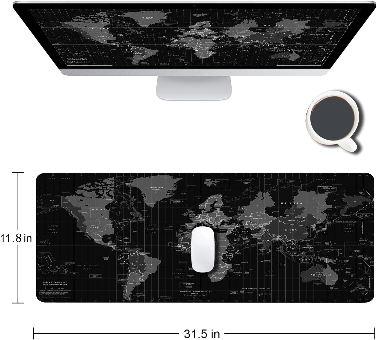 Large Gaming Mouse Pad, Long Mouse Pads for Desk, Desk Keyboard Mouse Mat, Non-Slip Base Mousepad for Laptop, Office, Home, 31.5" x 11.8"- Black World Map