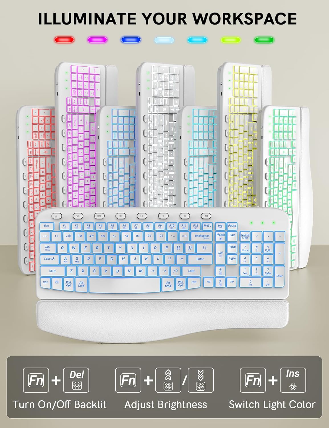 SABLUTE Ergonomic Wireless Keyboard and Mouse Combo - Wave Keyboard with Soft Leather Wrist Rest, Resistant Keys, RGB Backlit Rechargeable Set for PC/Mac/Chromebook (White)