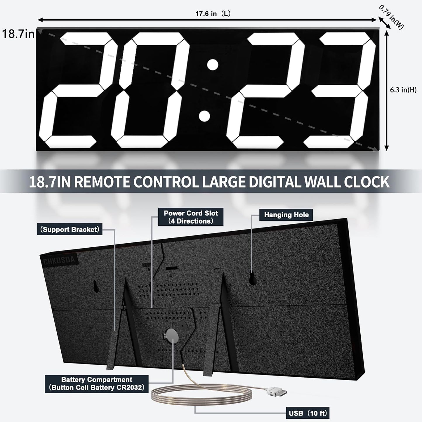 18.7in Large Digital Wall Clock,LED Digital Clock with Big Number,Multi-Function Remote Controlled Wall Clock with Timer, Alarm and Calendar Display(White)