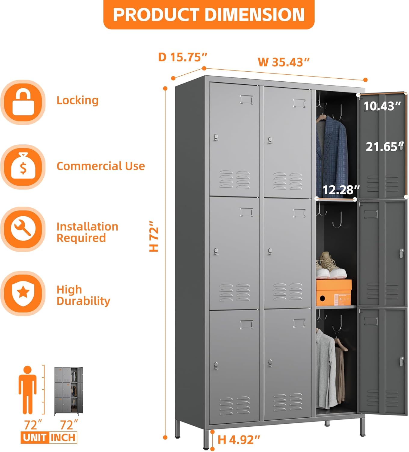 9 Doors Metal Locker with 27 Hooks and Business Card Holder,Metal Lockers for Employees with Ventilation Holes for School Office Gym Garage,Assembly Required,Dark Grey