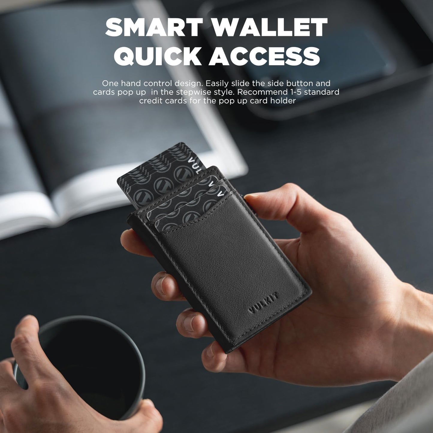 VULKIT Men's Wallet with ID Window Top Grain Leather RFID Blocking Minimalist Wallet Pop Up Card Holder Magnetic Closure