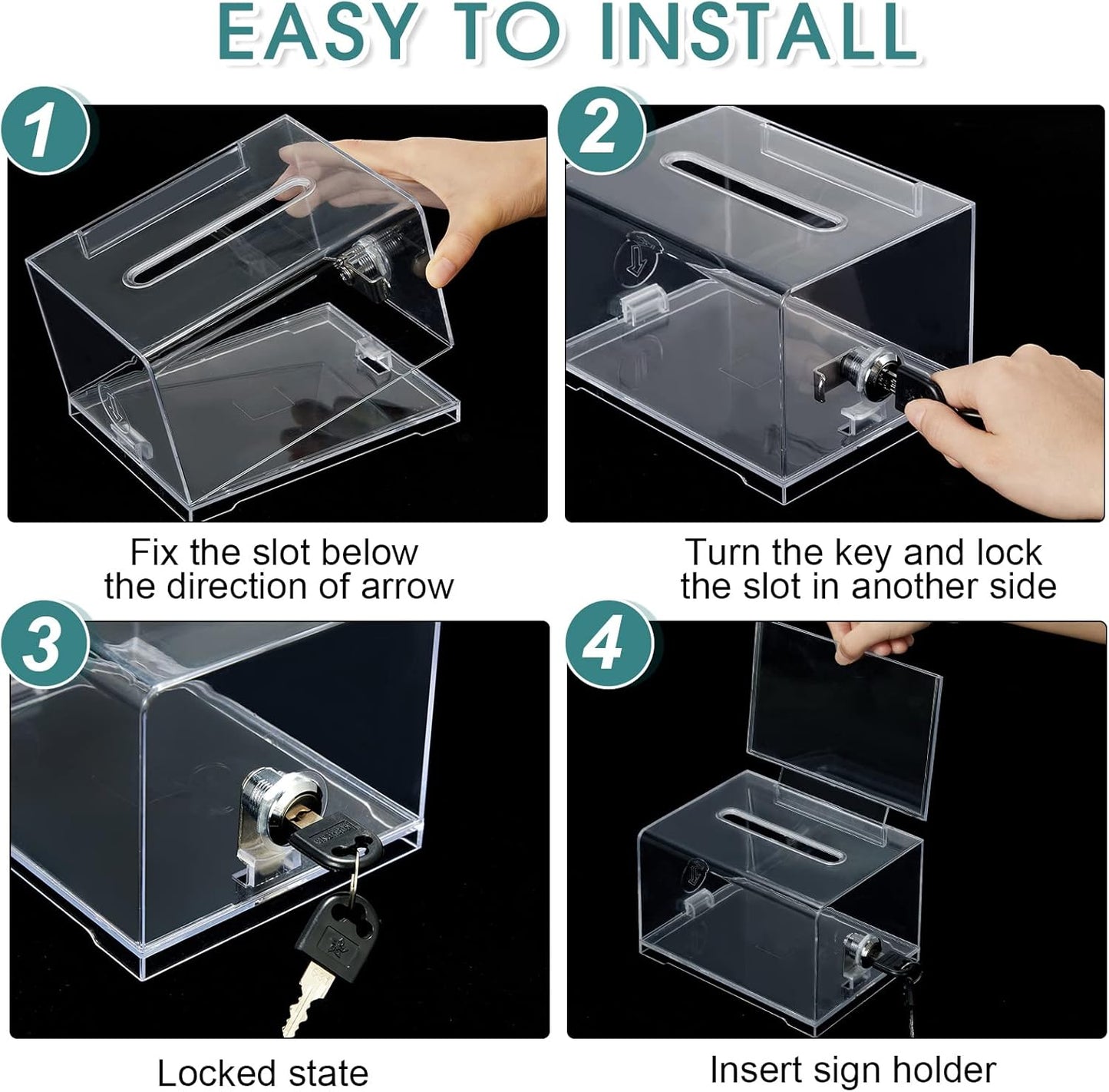 Chunful 6 Pcs Acrylic Donation Box with Lock and Sign Holder Clear Ballot Donation Boxes with Slot for Fundraising Suggestion Box Storage Container for Voting, Raffle Bowl, Tip Jar