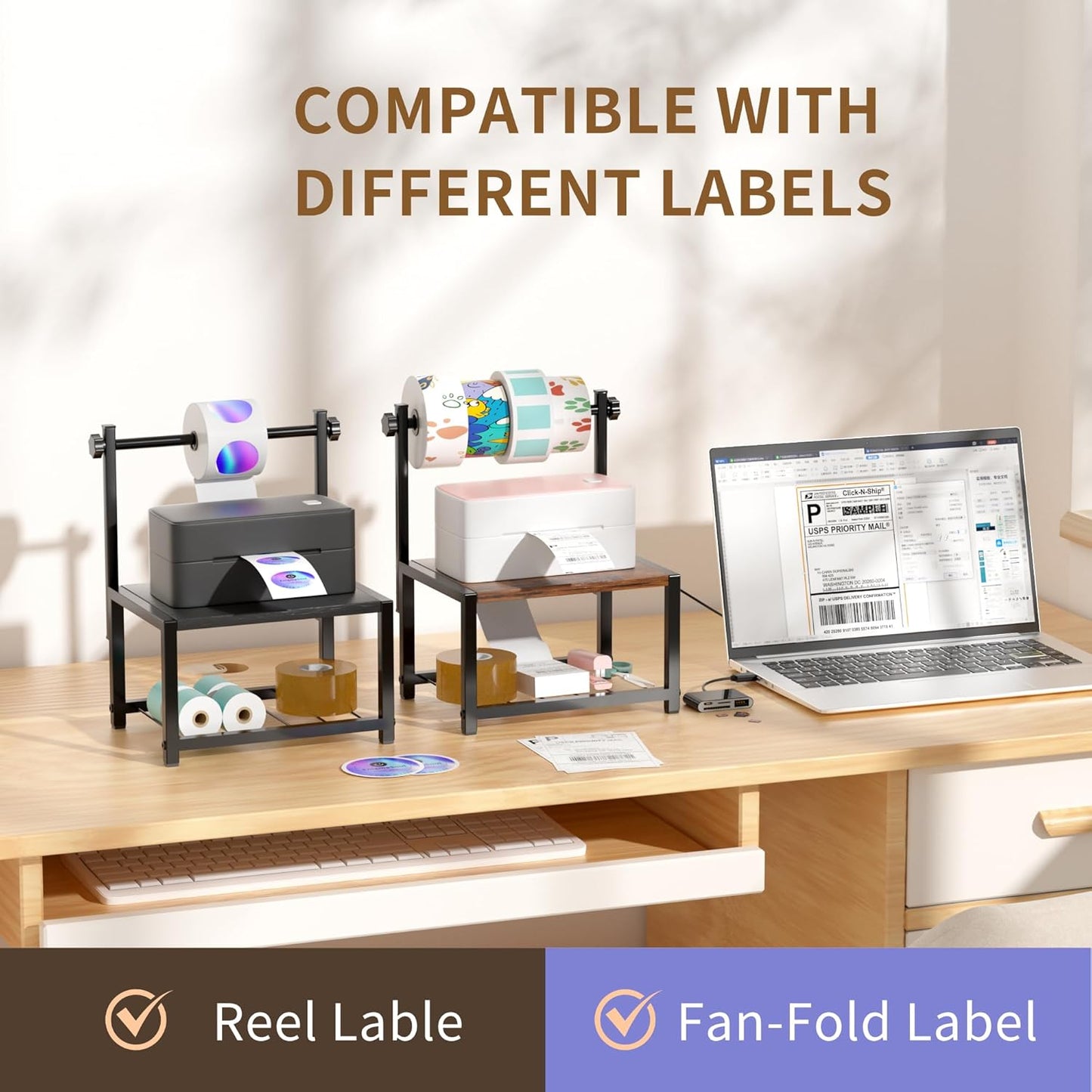 Label Holder for Rolls and Fan-Fold Labels, Sturdy Thermal Sticker Holder for Desktop Thermal Printer, Shipping Label Sticker Dispenser for Home, Office, and Small Businesses