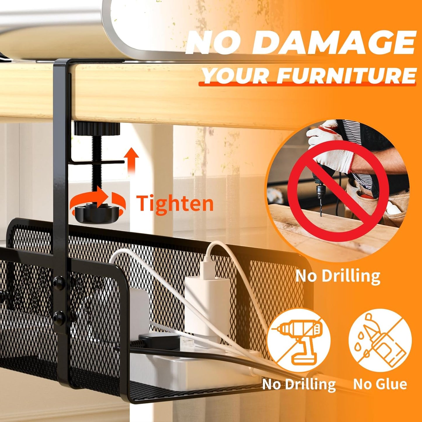 Under-Desk Cable Organizer Tray - Wire Management Box with Cord Organizer and Raceways for Office & Home - No Desk Damage, No Drill