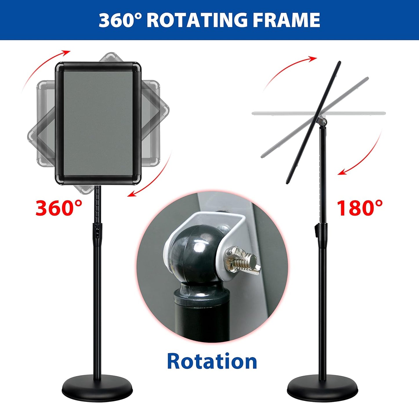 11x17 Inch Adjustable Pedestal Poster Sign Stand, Heavy Duty Floor Standing Sign Holder Stand Aluminum Snap Open Frame for Vertical and Horizontal View Sign Displayed (Black, Round)