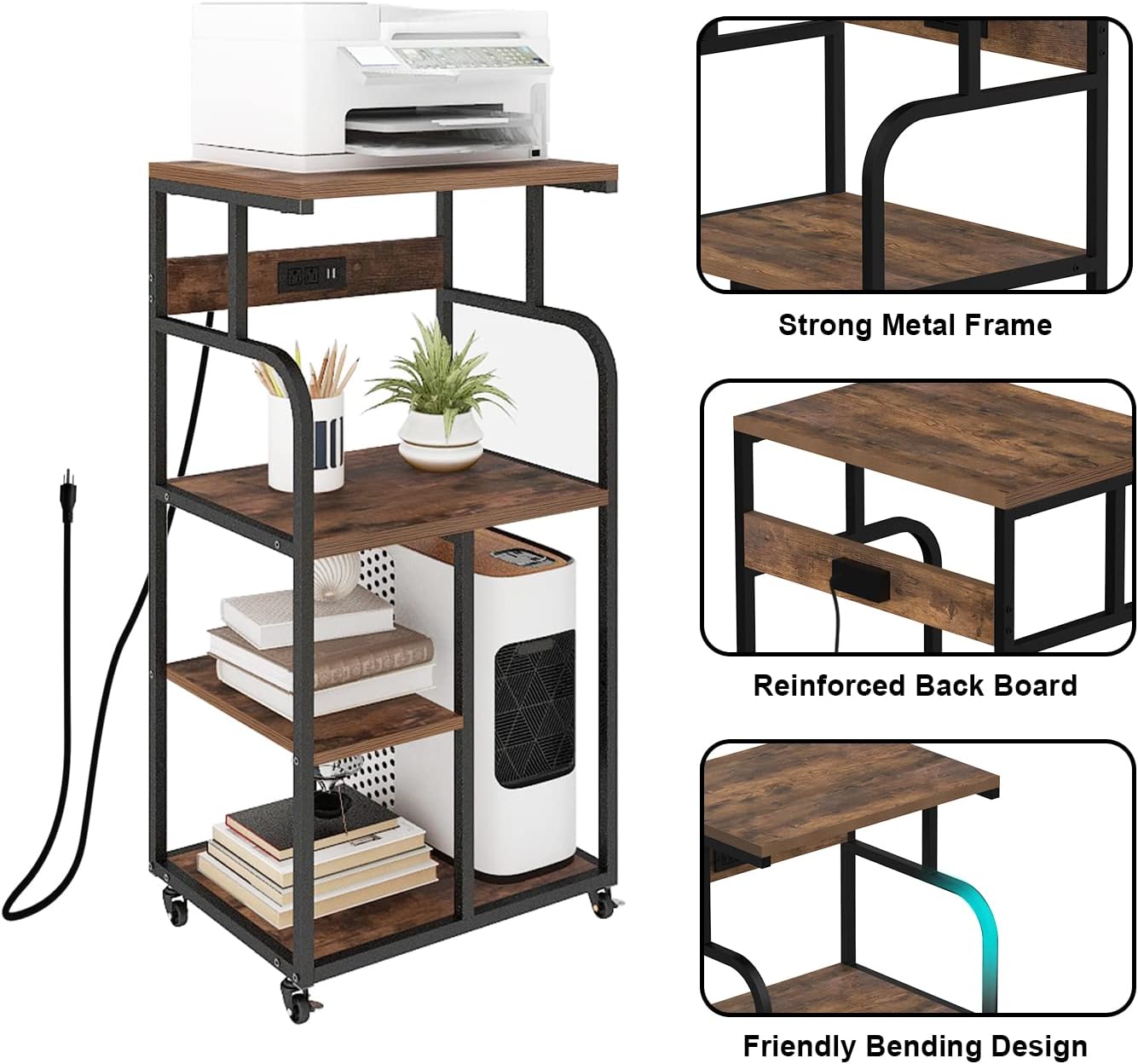 VEDECASA Large Printer Stand Cart with Charging Station USB Port 21.2"x15.7"x42.3" Tall 3-Tier Adjustable Shelf Storage Home Office Rolling Stand with Wheels