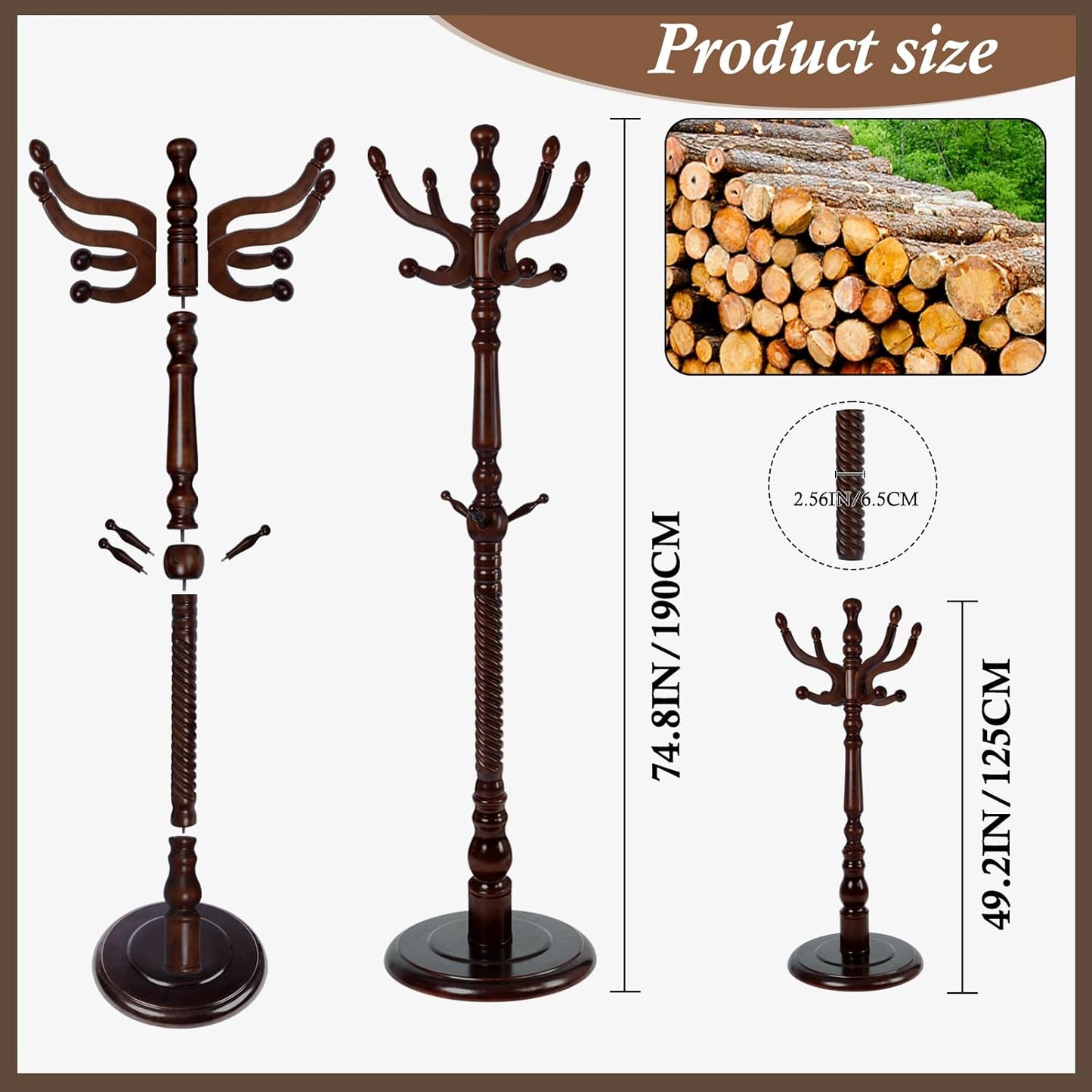 Wooden Coat Rack Freestanding, Vintage Coat Racks with Sturdy Round Base, Adjustable Height 37.40"-72.83" Entrance Coat Rack for Bedroom Living Room Entryway (Vintage Circular)