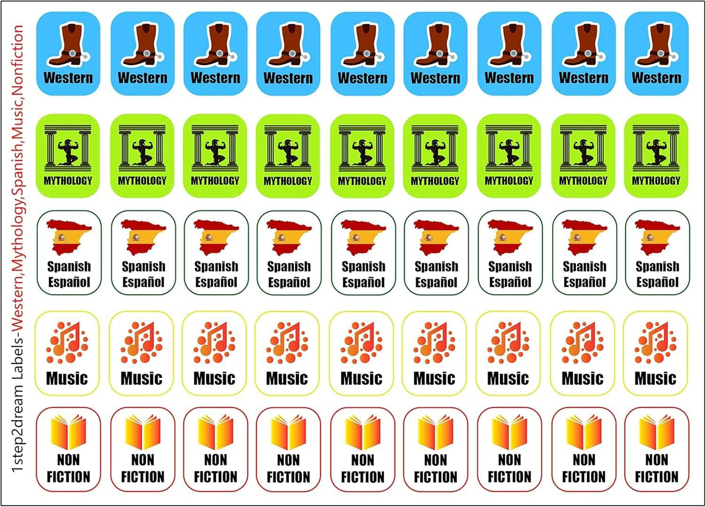 Library Genre Book Spine Labels | Classroom Classification Stickers Set of 450pcs | Nonfiction, Western, Mythology, Spanish, Music