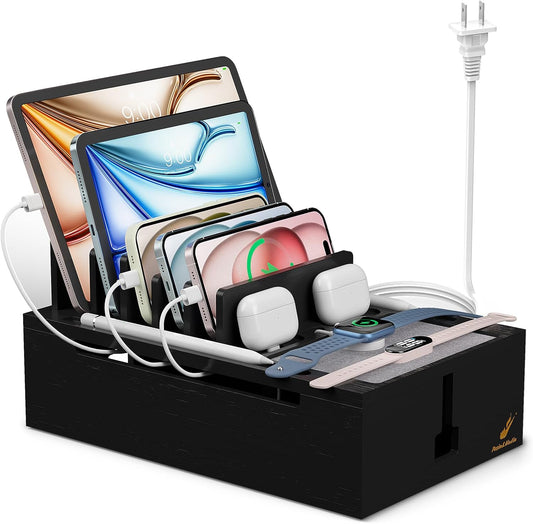 Pezin & Hulin Bamboo Charging Station for Multiple Devices, USB Charger Dock Organizer, with Power Supply (10 Ports HUB), 6 Cables, Cable Management Organizer for Cell Phones, Tablets -Black