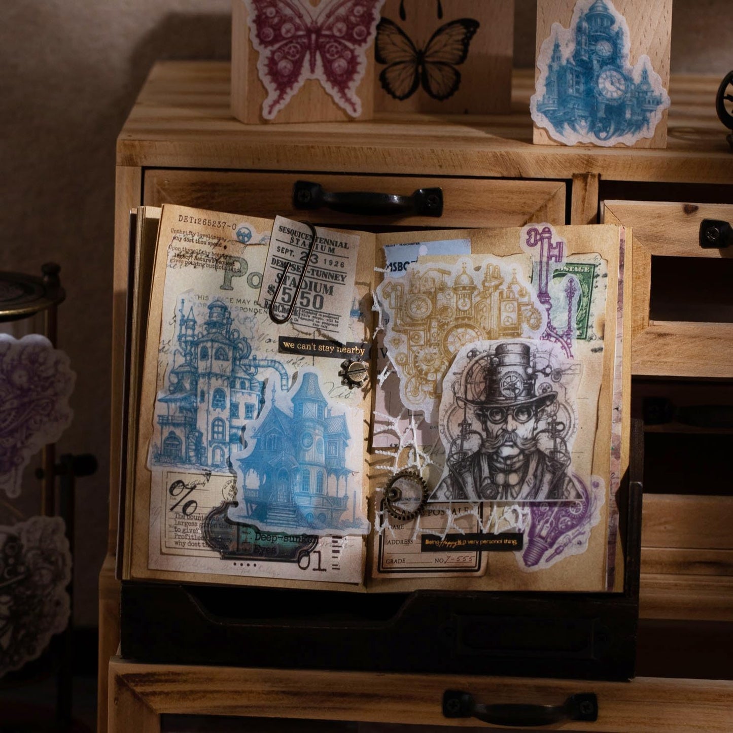 Retro Steampunk Washi Stickers, 180 Pcs Mechanical Ephemera for Scrapbooking, Journaling, DIY Crafts, and Art Supplies