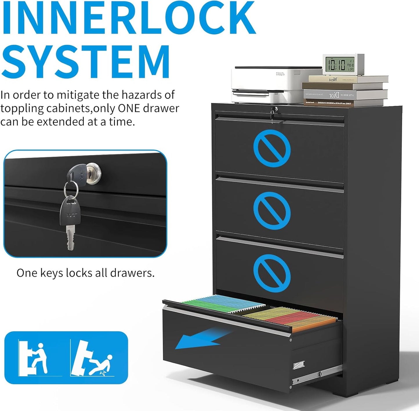 4 Drawer Lateral File Cabinet with Lock, Metal Lateral Filing Cabinet for Home Office, Steel Wide Horizontal Filing Cabinets for Letter/Legal/A4/F4 Hanging Files (Black)