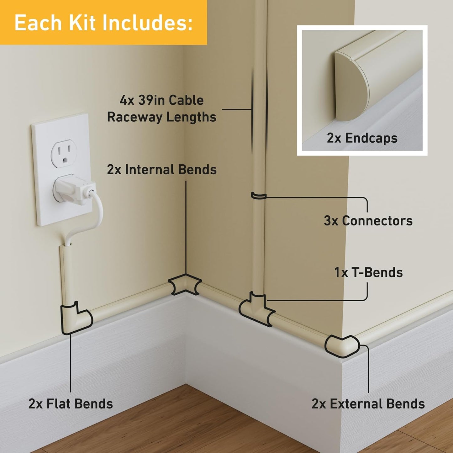 D-Line 13.12ft Cord Hider Kit, Patented Cable Cover, Hide Wires on Wall, Channel for TV Mount Cords, Raceway Wire Hiders, Paintable, Adhesive, Half Round, 4X 0.78in W x 0.39in H x 39in Lengths, Beige