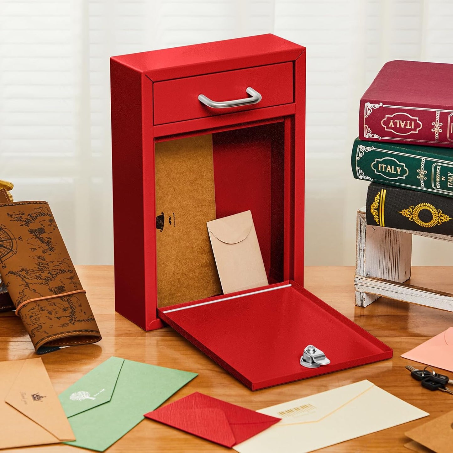 Locking Mailbox with Key for Outdoor 12.2 x 8.5 x 3 Inches Large Wall Mount Mail Box with Lock Security Mail Drop Metal Collection Boxes Hanging Secure Postbox(Red)