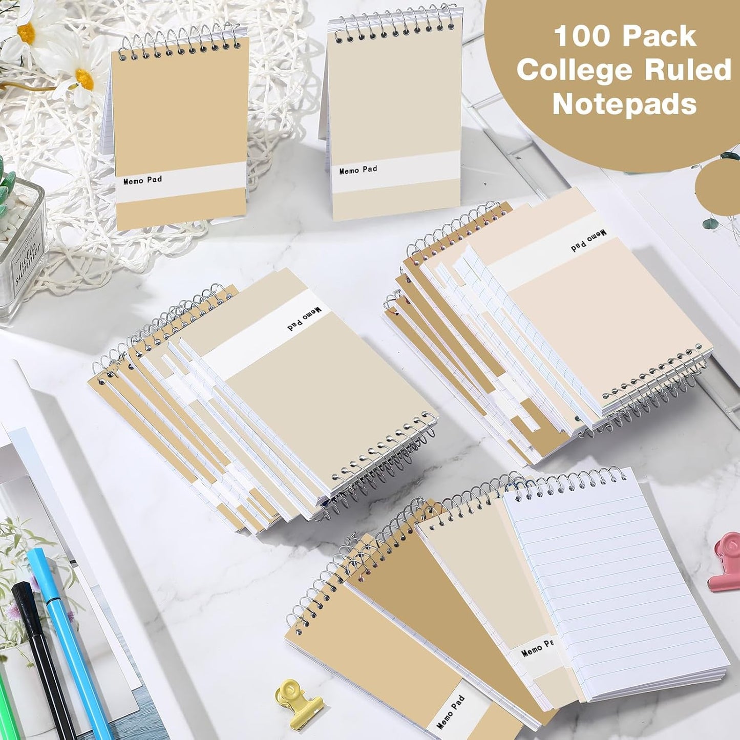 Thenshop 100 Pads Spiral Memo Bulk 3'' x 5'' Top Bound Memo Book 60 Sheets Small Mini Notebooks Lined Wire Bound Pocket Steno Book for Home, Office, School (Colorful)