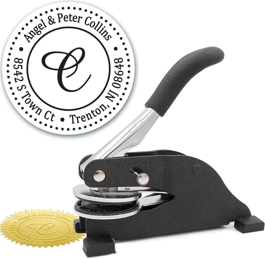Custom Monogram Address Desk Embosser - Personalized Round Seal with 50 Gold Seal Labels - Style EMD-025