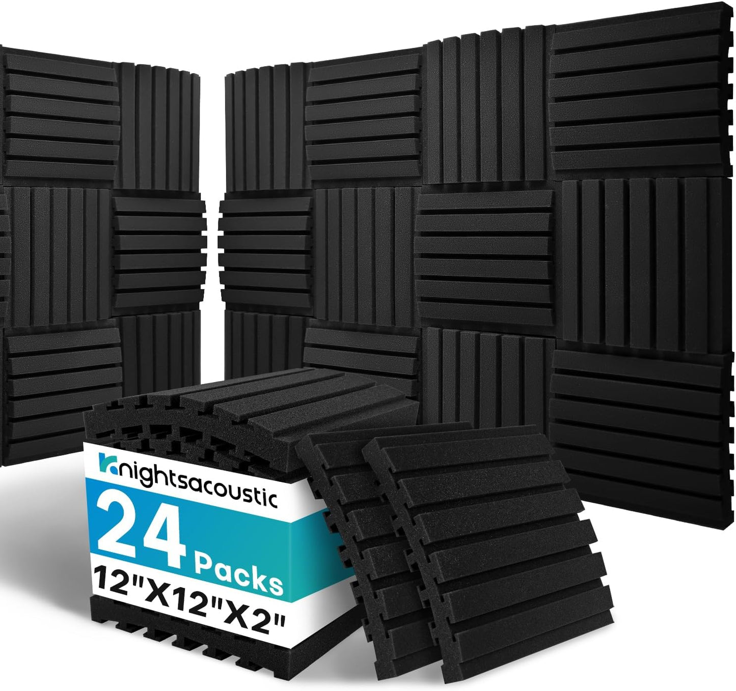 24Packs Curved Sound Proof Foam Panels for Walls, 2" Acoustic Panels Sound Absorbing Dampening, Soundproofing Noise Reducing Cancelling Treatments for Home Office Recoding Studio Decor, 2x12x12 Black