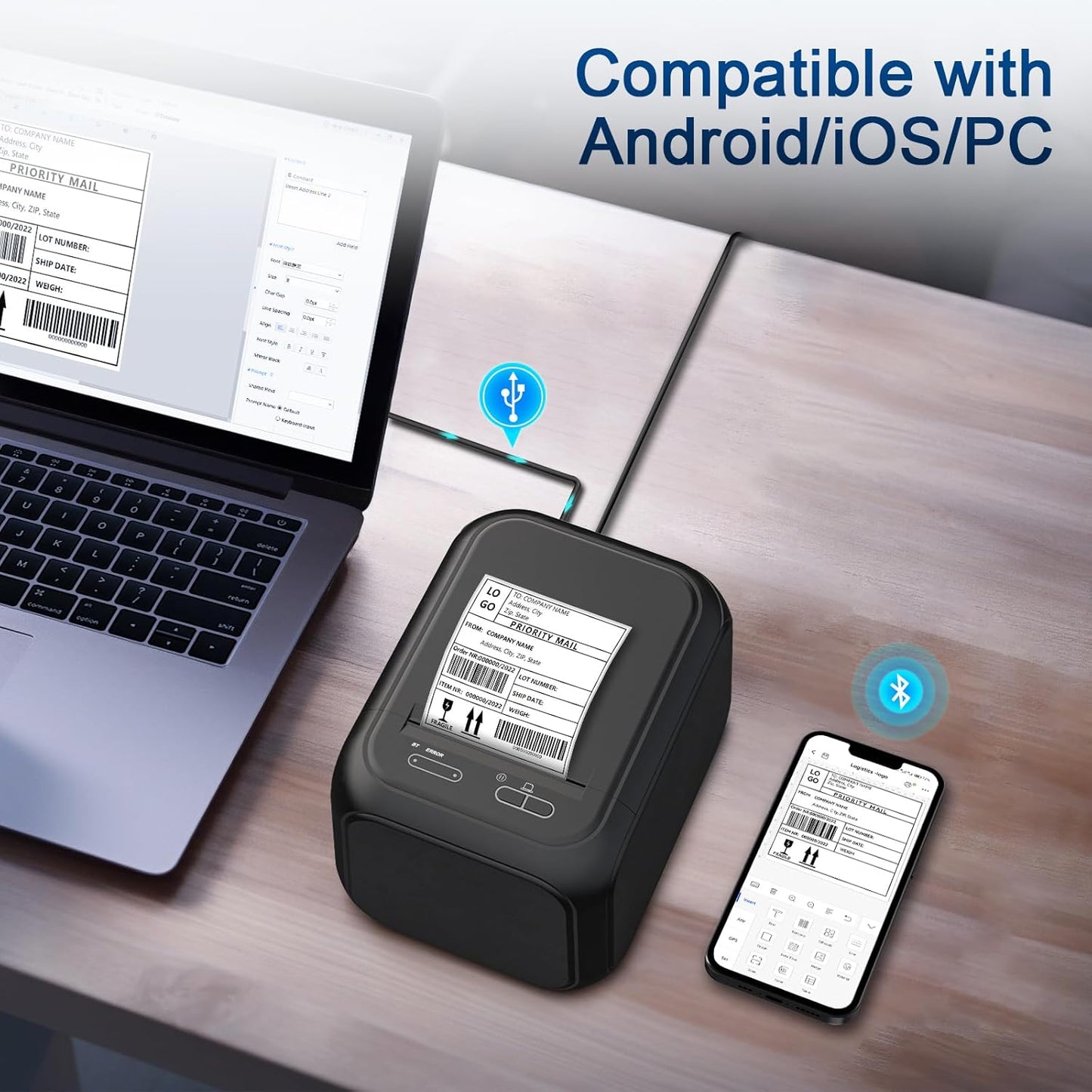 CLABEL Desk Bluetooth Barcode Label Printer: Label Maker with Direct Thermal Printing, 2 Inch Print Width for Barcodes Address Shipping Warehouse with 1 Roll 40x30mm Label (3 Inch Soot)