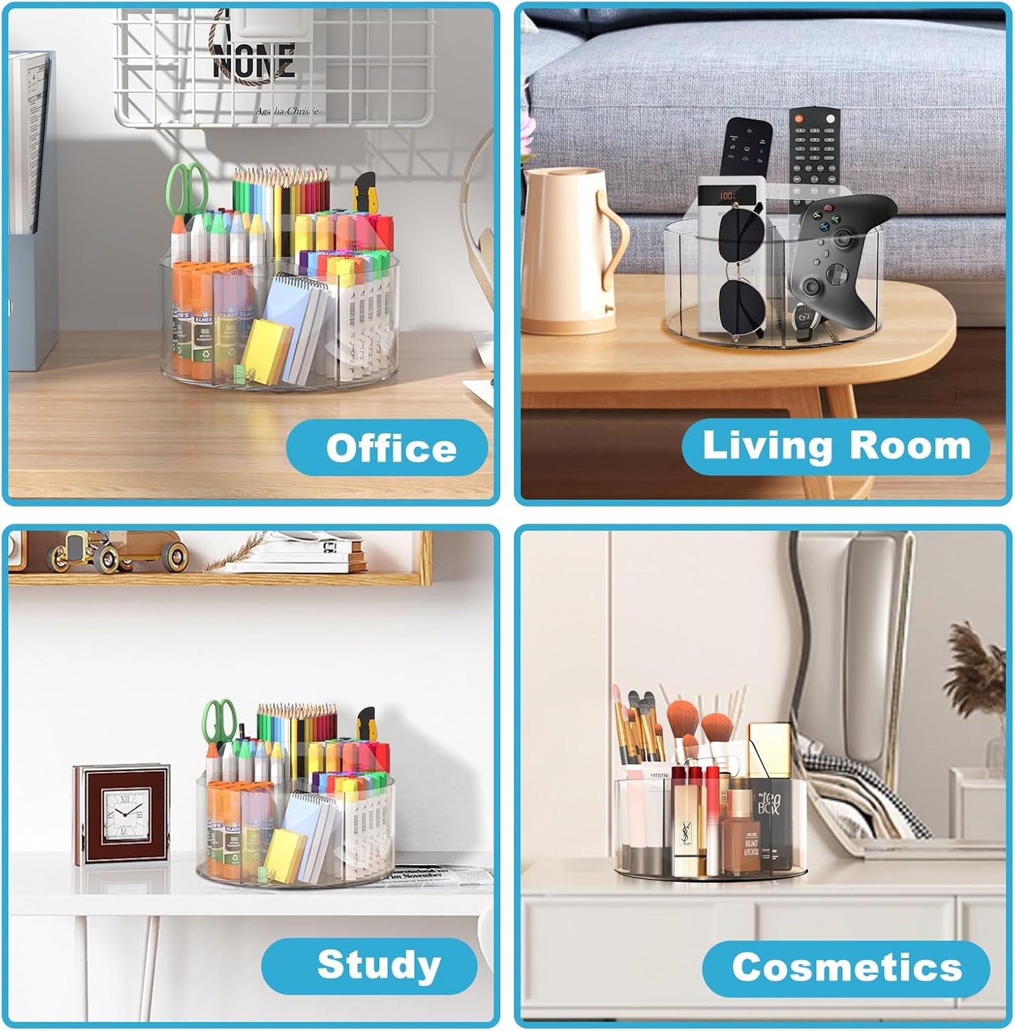 Acrylic Pen Holder for Desks, Acrylic Desk Organizer Clear, 360 Degree Pencil Holder for Desk Kids, Rotating Desk Organizer Rotating Pen Holder for Desk, Art Supply Storage Organizer 6 Compartments