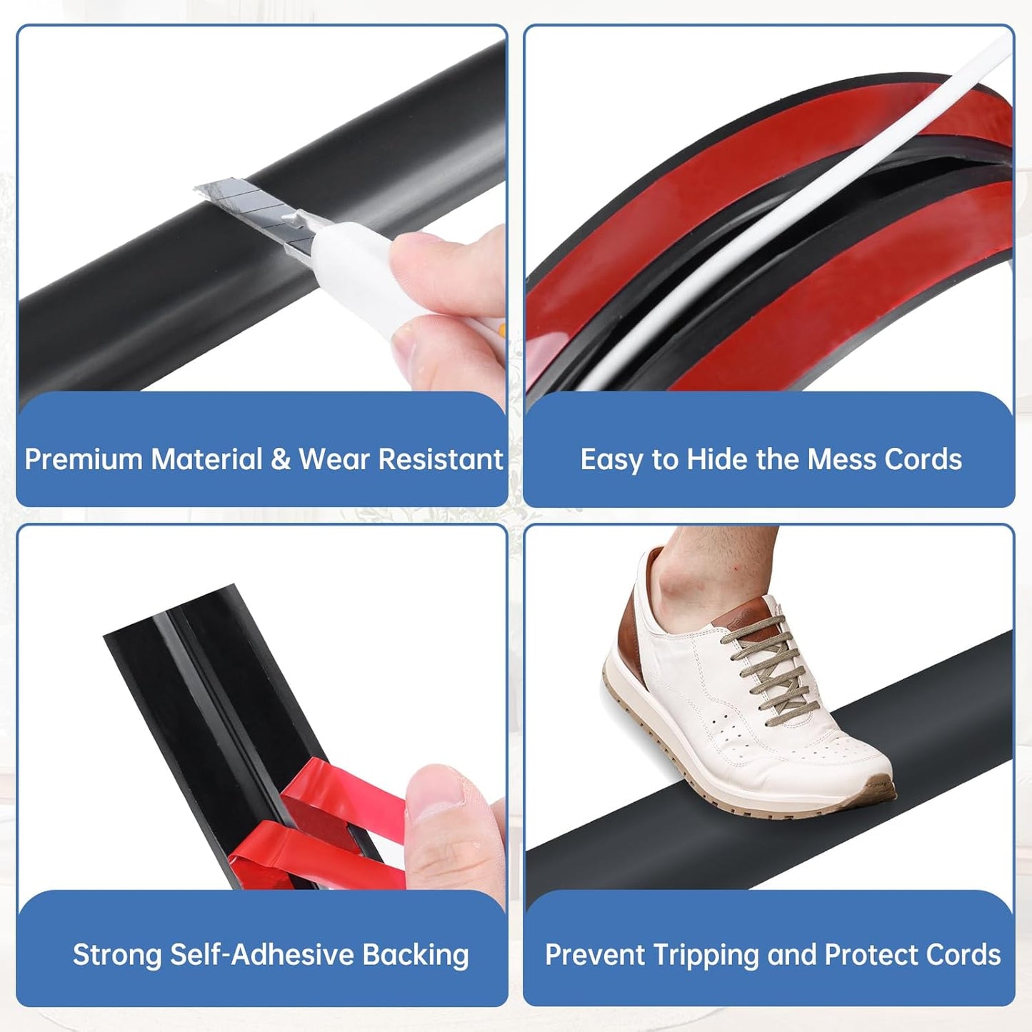 Floor Cord Cover Self Adhesive Cord Hider Floor Extension Cord Covers for Floor Power Cord Protector Cable Management Prevent Cable Trips Cable Cavity 0.51" W x 0.31" H (Black, 20Ft)