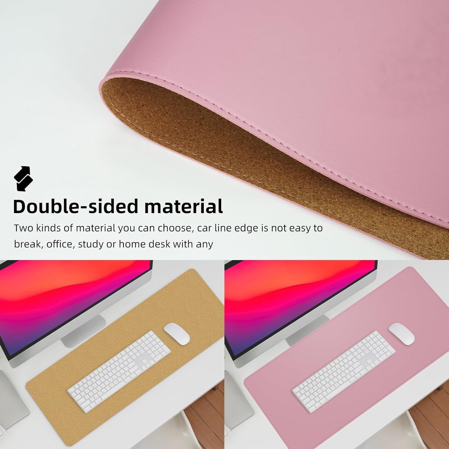 Leather Desk pad Protector, Large Desk mat with Natural Cork & PU Leather,Mouse pad,Non-Slip Office Desk Mat,Waterproof Desk Writing Pad for Office and Home (47in*17in,Rose Pink)