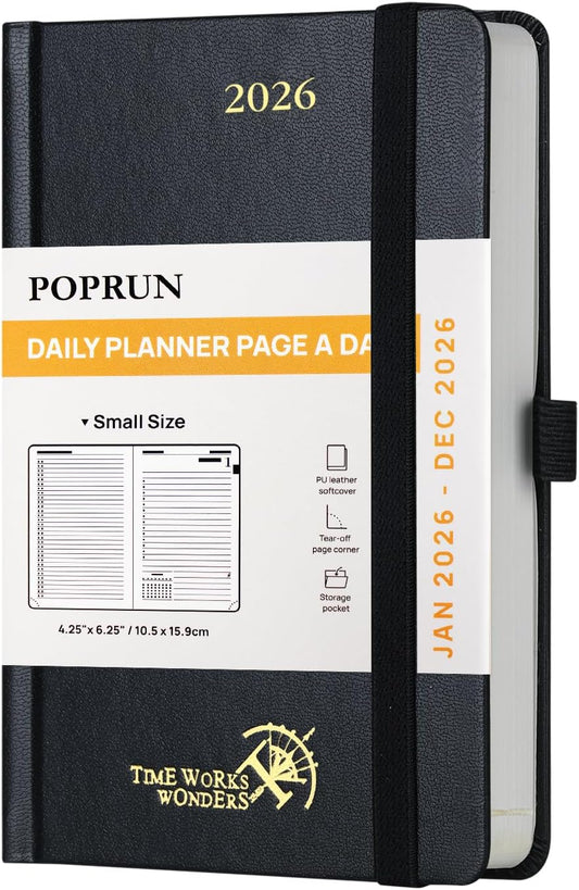 POPRUN 2026 Daily Planner One Page Per Day A6 Size Calendar (4.25" x 6.25") - 12 Months Hourly Appointment Book with Hardcover, Monthly Tabs, Pocket, Pen Holder - Black