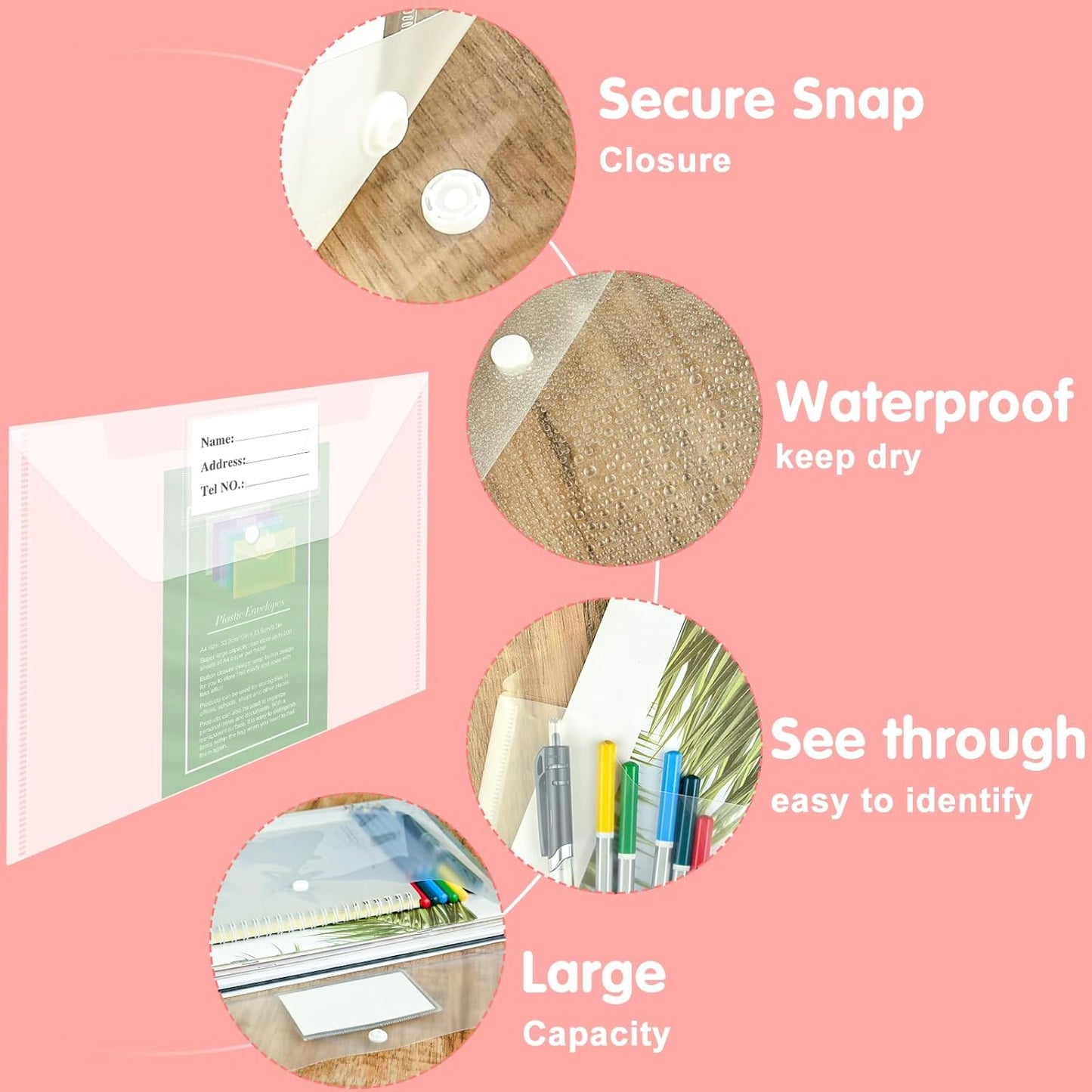 NACHLYNN 18 Pack Plastic Envelopes Plastic Folders With Snap Closure, A4 Size Clear File Envelopes with Label Documents Folders Organizers for Home Work Office Organization